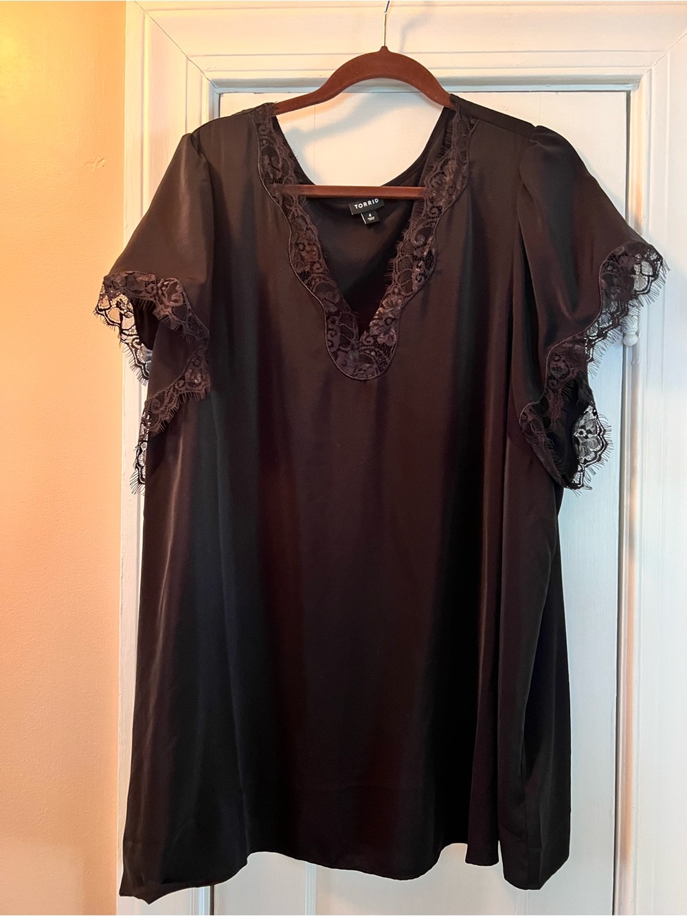 Torrid Black Lace-Trim V-Neck Flutter Sleeve Top
